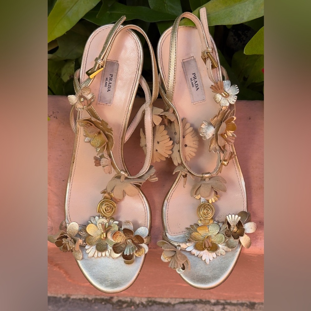 Prada Gold and Cream Floral Sandals